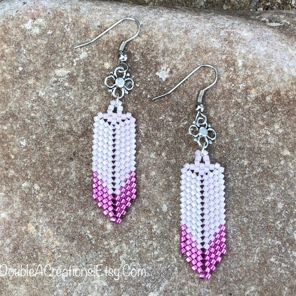 Pink Feather Beaded Earrings, New, Handmade by Me - Picture 1 of 8